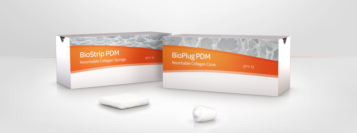 One package of BioStrip PDM and the product in front. To it's right side is a package of BioPlug PDM and the propuct in front