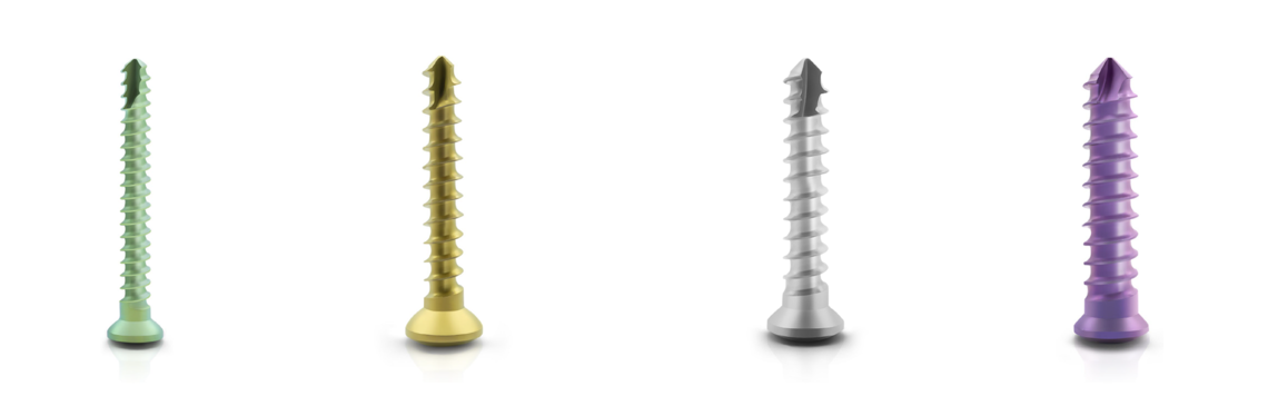 [Translate to English (NL):] four different dev-os bone screws in different diameters and colours