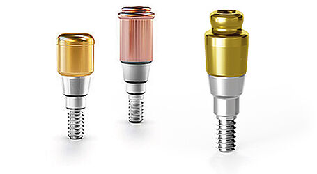 ODSecure® and Locator® for iSy ODSecure® abutment on the right and two Locator® abutments on the left, for the iSy implant system.