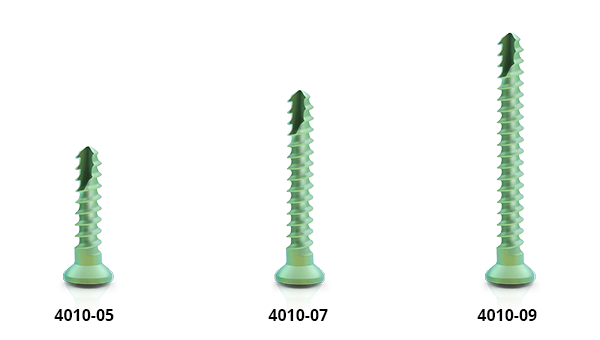 [Translate to English (NL):] Three lengths of titanium microscrews, diameter 1.0 mm, green anodized