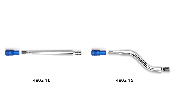 Two dev-os pin applicators next to each other. The one to the left is straight and has the article numer 4902-10. The one to the right is curved and has article number 4902-15