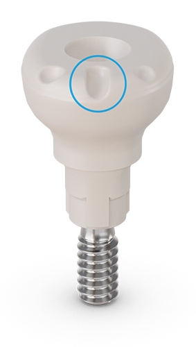 PEEK healing cap CAMLOG with a blue circle around the buccal marking on the front.