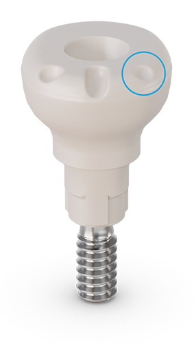 Peek healing cap CAMLOG with a blue circle around the occlusal scan marking on the right.